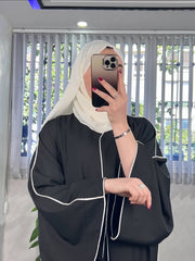 “Black Premium Double Piping Front-Open Abaya with Beige Scarf – Highly Recommended”