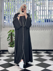 “Black Premium Double Piping Front-Open Abaya with Beige Scarf – Highly Recommended”