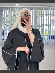 “Black Premium Double Piping Front-Open Abaya with Beige Scarf – Highly Recommended”
