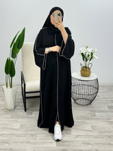 “Black Premium Double Piping Front-Open Abaya with Matching Scarf – Highly Recommended”