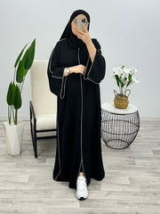 “Black Premium Double Piping Front-Open Abaya with Matching Scarf – Highly Recommended”