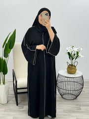 “Black Premium Double Piping Front-Open Abaya with Matching Scarf – Highly Recommended”