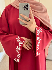 Premium Maroon Floral Bloom Embroidered Abaya ( FREE DELIVERY )