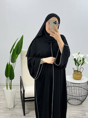 “Black Premium Double Piping Front-Open Abaya with Matching Scarf – Highly Recommended”