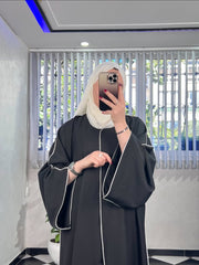 “Black Premium Double Piping Front-Open Abaya with Beige Scarf – Highly Recommended”