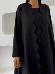 Black Premium Scallops Nida Fabric Abaya with attached inner & Scarf