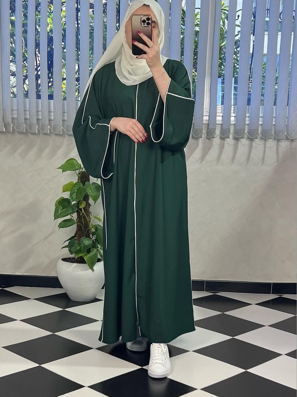 “Green Premium Double Piping Front-Open Abaya with Biege Scarf – Highly Recommended”