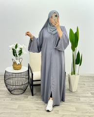 “Grey Premium Double Piping Front-Open Abaya with Matching Scarf – Highly Recommended”