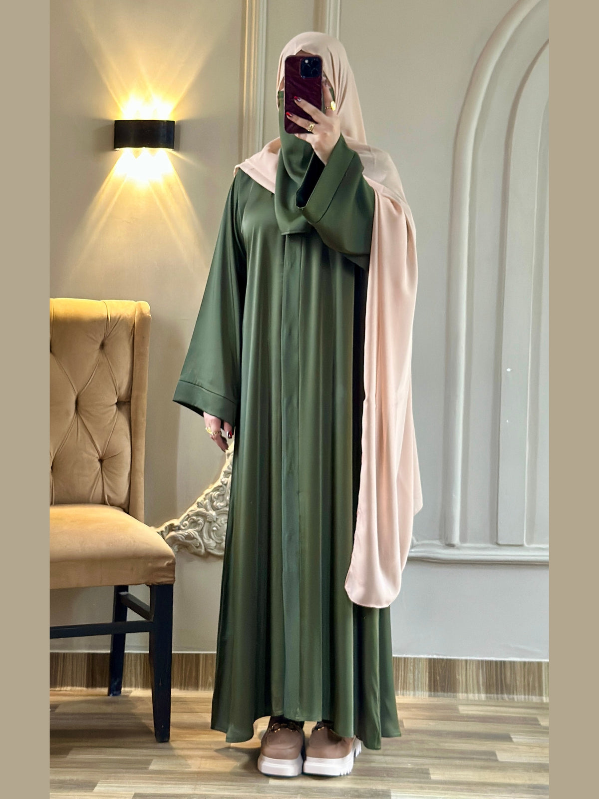 Dark Olive With Beige Scarf and Matching Niqab ( TikTok Premium Fabric )