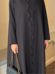 Black Premium Scallops Nida Fabric Abaya with attached inner & Scarf