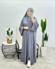 “Grey Premium Double Piping Front-Open Abaya with Matching Scarf – Highly Recommended”
