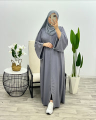 “Grey Premium Double Piping Front-Open Abaya with Matching Scarf – Highly Recommended”