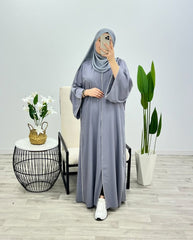 “Grey Premium Double Piping Front-Open Abaya with Matching Scarf – Highly Recommended”