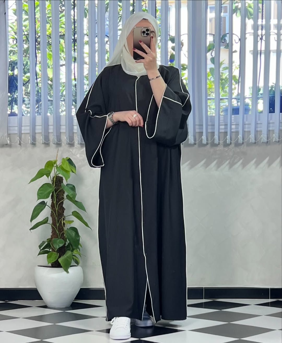 Black with Beige Scarf Premium Double Pipin Abaya Front Open (FREE SHIPPING NOW)