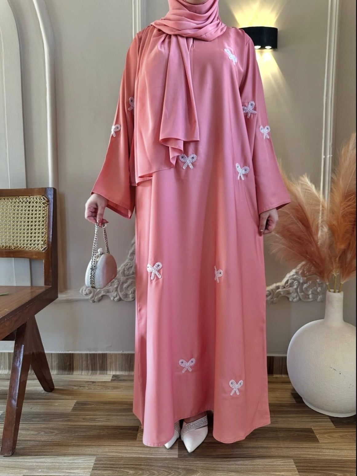 Peach Premium Handwork Bow Abaya FLAT 50% OFF with Free Shipping
