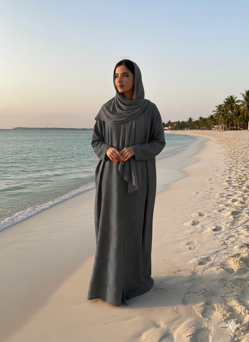 Premium Jacquard Fabric Self Printed Premium Abaya ( Gray Color )