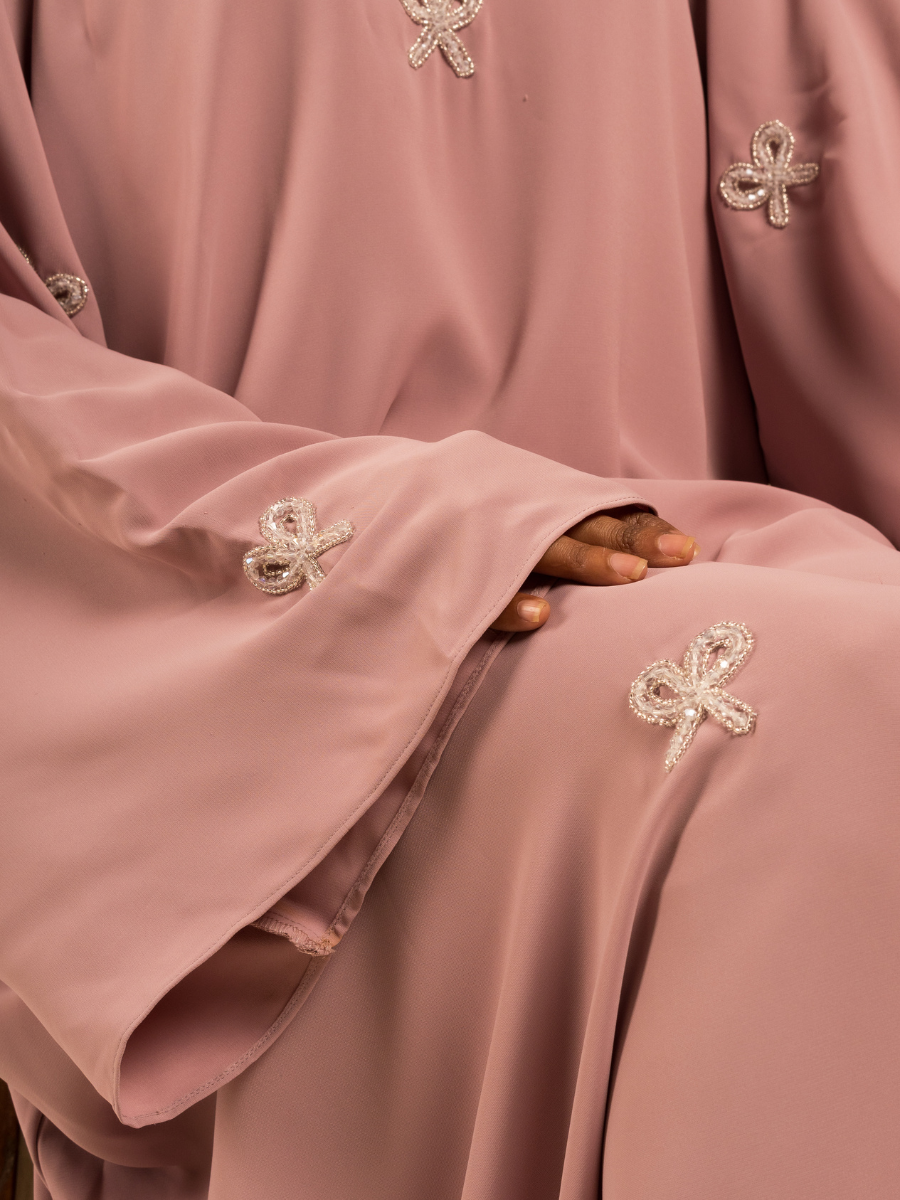 Trending HandWork Bow Abaya Premium Quality with Matching Scarf( Limited Stock +  FREE SHIPPING NOW) Baby Pink