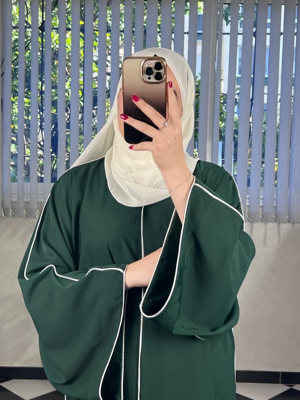 “Green Premium Double Piping Front-Open Abaya with Biege Scarf – Highly Recommended”
