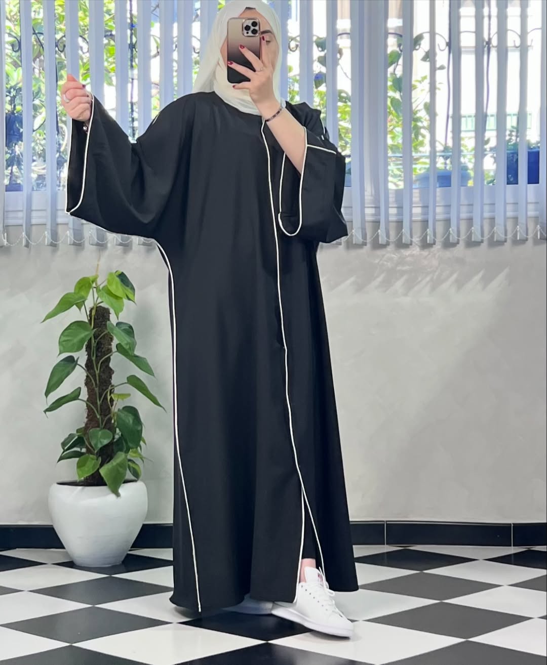 Black with Beige Scarf Premium Double Pipin Abaya Front Open (FREE SHIPPING NOW)