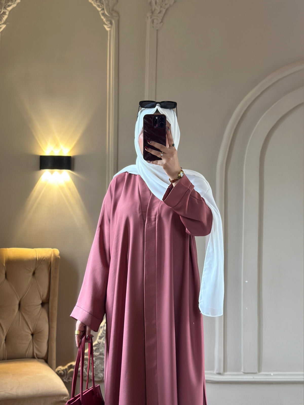 Premium Kashmiri Pink With white scarf Zoom Front Open Abaya ( FLAT 60% OFF)