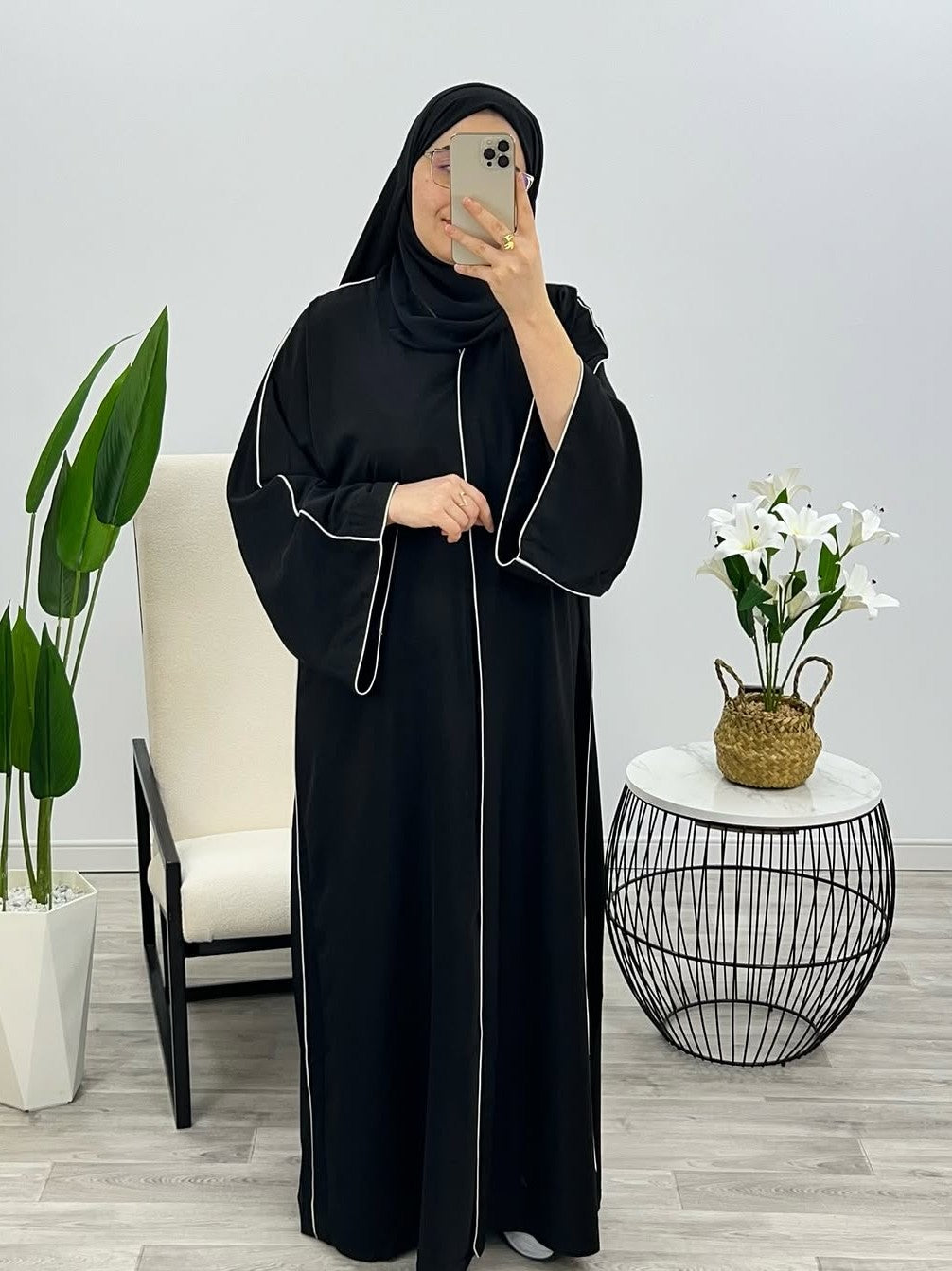 Black Premium Double Pipin Abaya Front Open (FREE SHIPPING NOW)