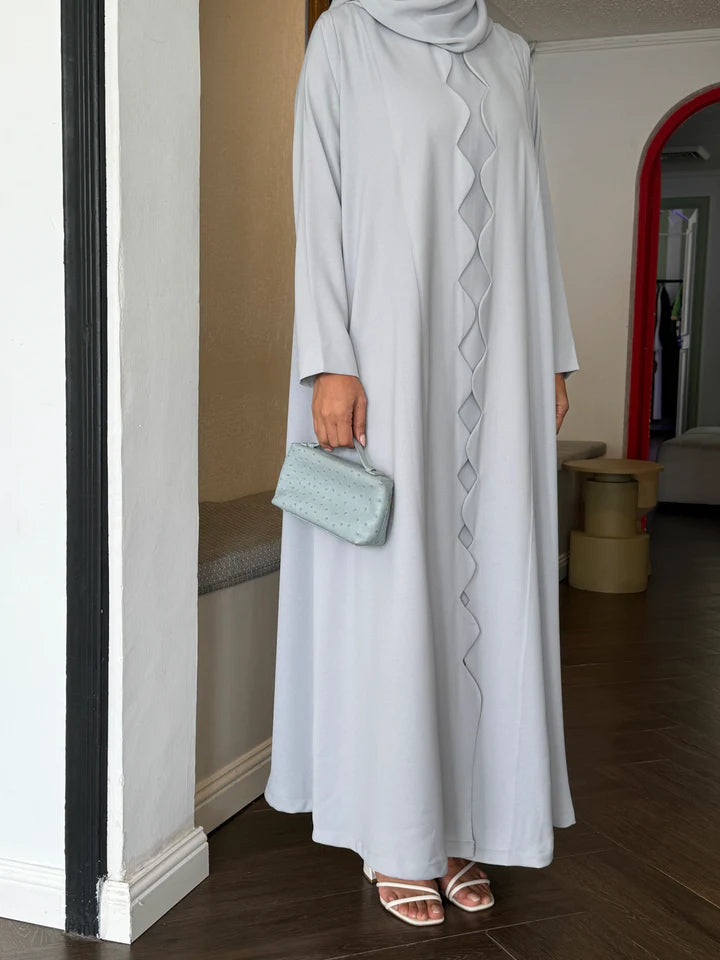 White Premium Scallops Nida Fabric Abaya with attached inner & Scarf