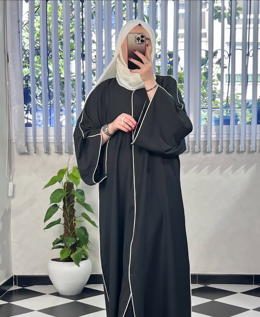 Black with Beige Scarf Premium Double Pipin Abaya Front Open (FREE SHIPPING NOW)