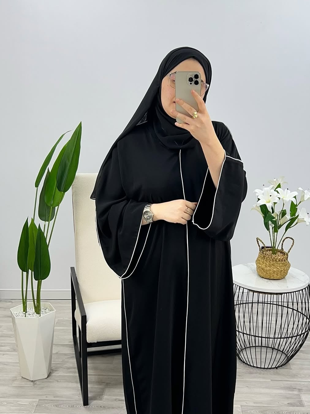 Black Premium Double Pipin Abaya Front Open (FREE SHIPPING NOW)
