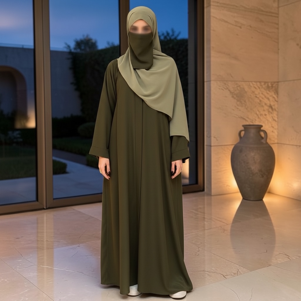 Dark Olive Basic Front Open Abaya ( TikTok Premium Fabric )