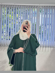 “Green Premium Double Piping Front-Open Abaya with Biege Scarf – Highly Recommended”