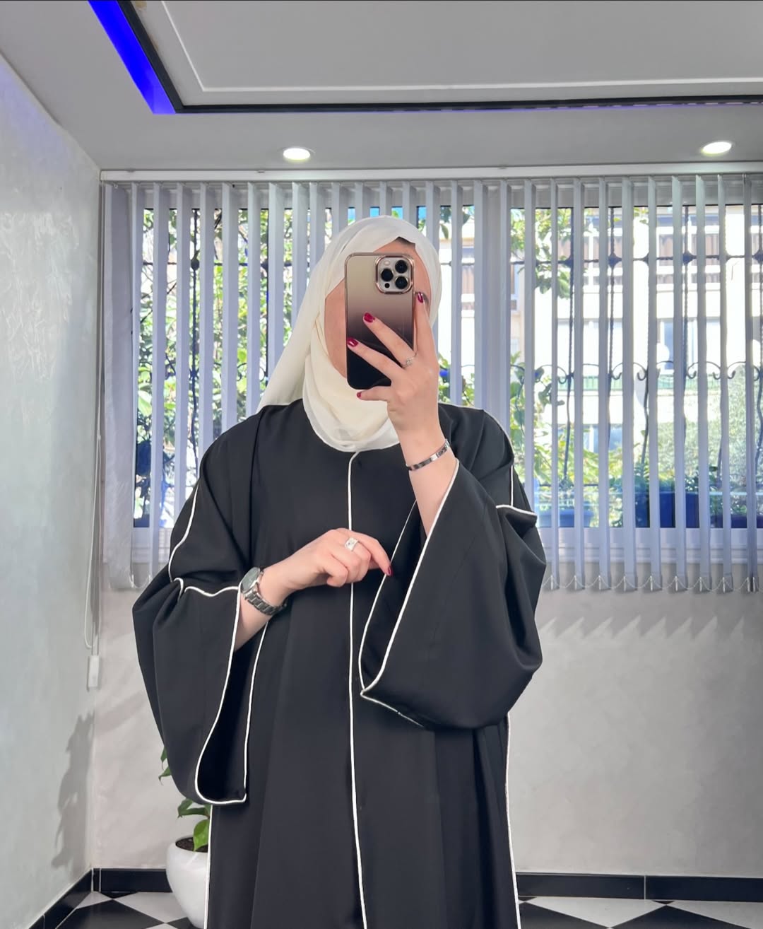 Black with Beige Scarf Premium Double Pipin Abaya Front Open (FREE SHIPPING NOW)