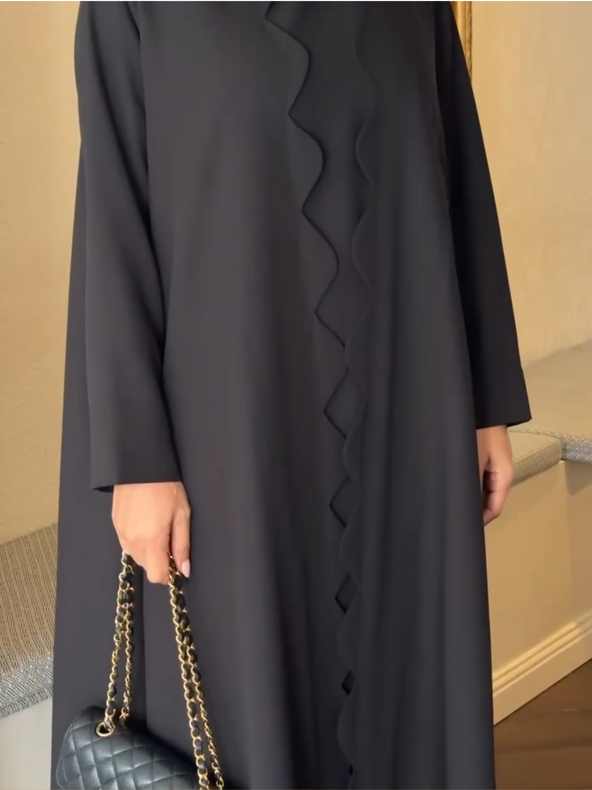 Black Premium Scallops Nida Fabric Abaya with attached inner & Scarf