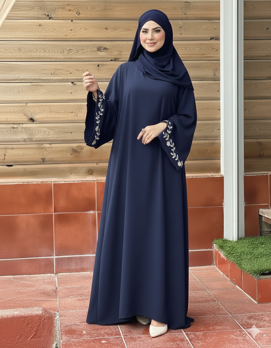 Premium Navy Blue Floral Bloom Embroidered Abaya