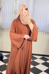 “Brown Premium Double Piping Front-Open Abaya with Beige Scarf – Highly Recommended”