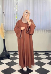 “Brown Premium Double Piping Front-Open Abaya with Beige Scarf – Highly Recommended”
