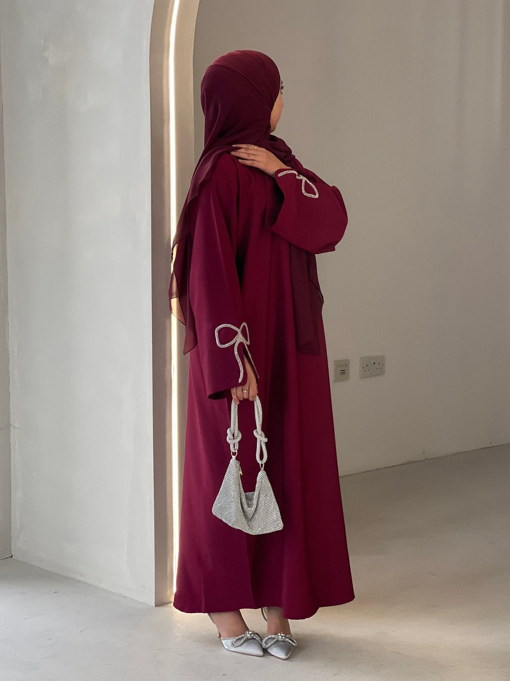 Grace In Cherry-Fawn Closed Abaya With Handcrafted Silver Bow Sleeves