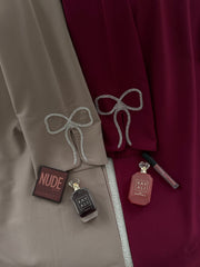 Grace In Cherry-Fawn Closed Abaya With Handcrafted Silver Bow Sleeves