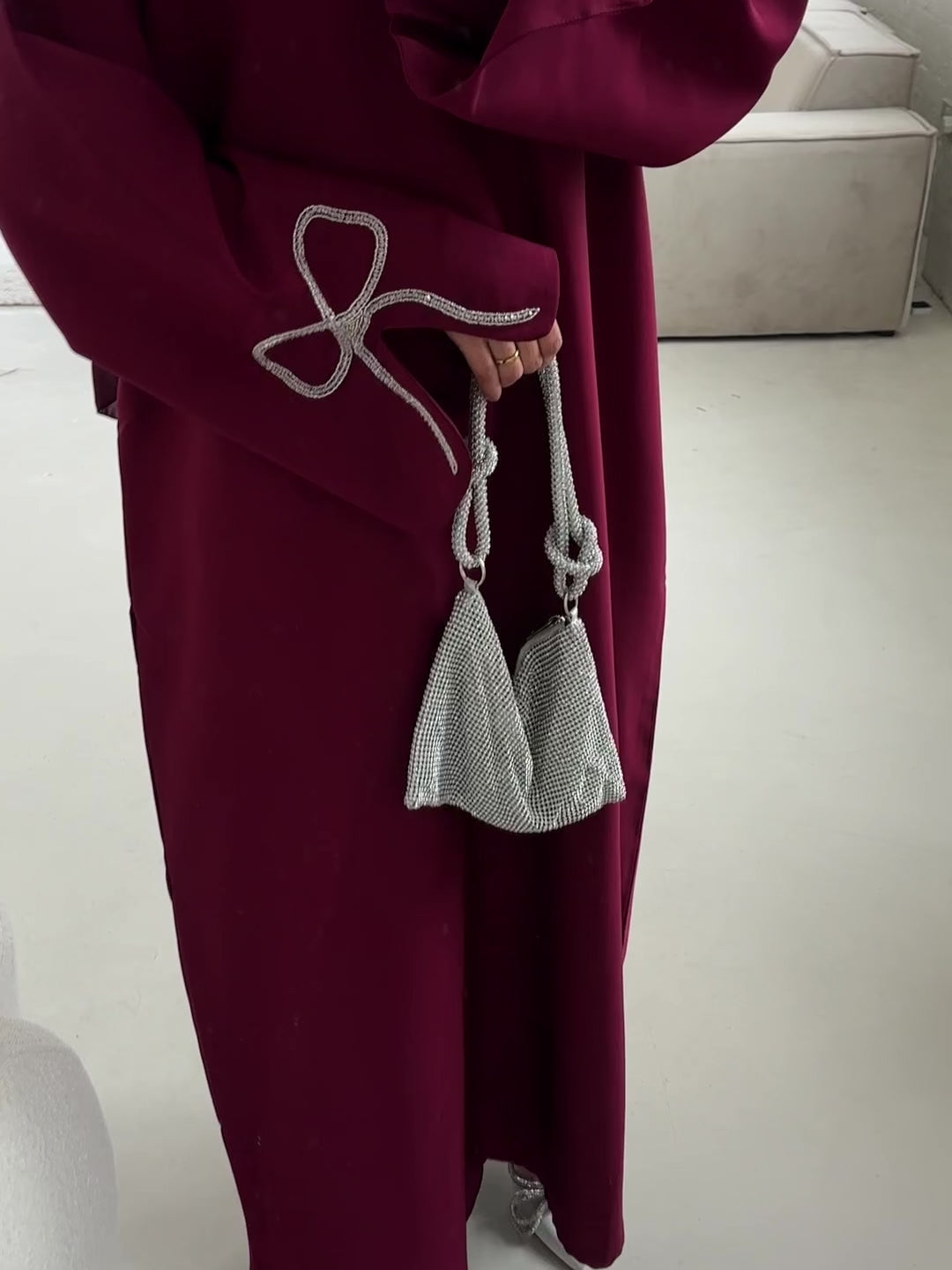 Grace In Cherry-Fawn Closed Abaya With Handcrafted Silver Bow Sleeves