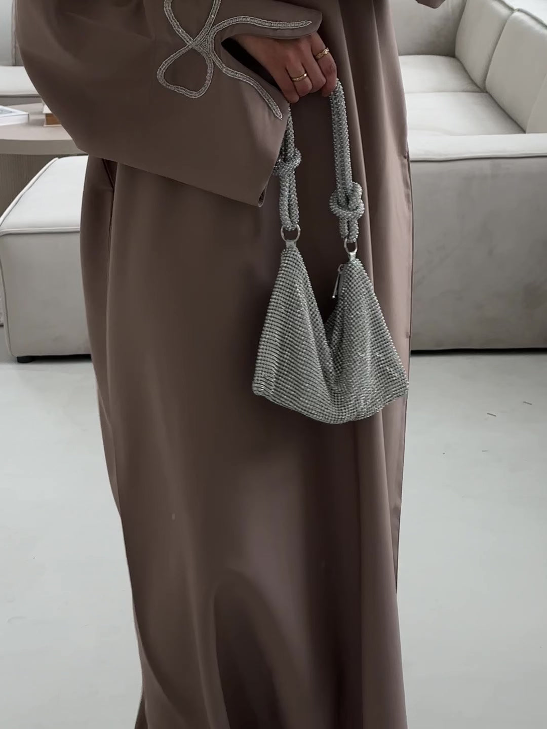 Grace In Cherry-Fawn Closed Abaya With Handcrafted Silver Bow Sleeves
