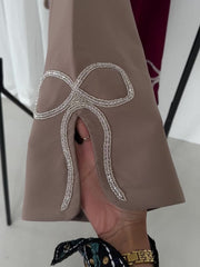 Grace In Cherry-Fawn Closed Abaya With Handcrafted Silver Bow Sleeves