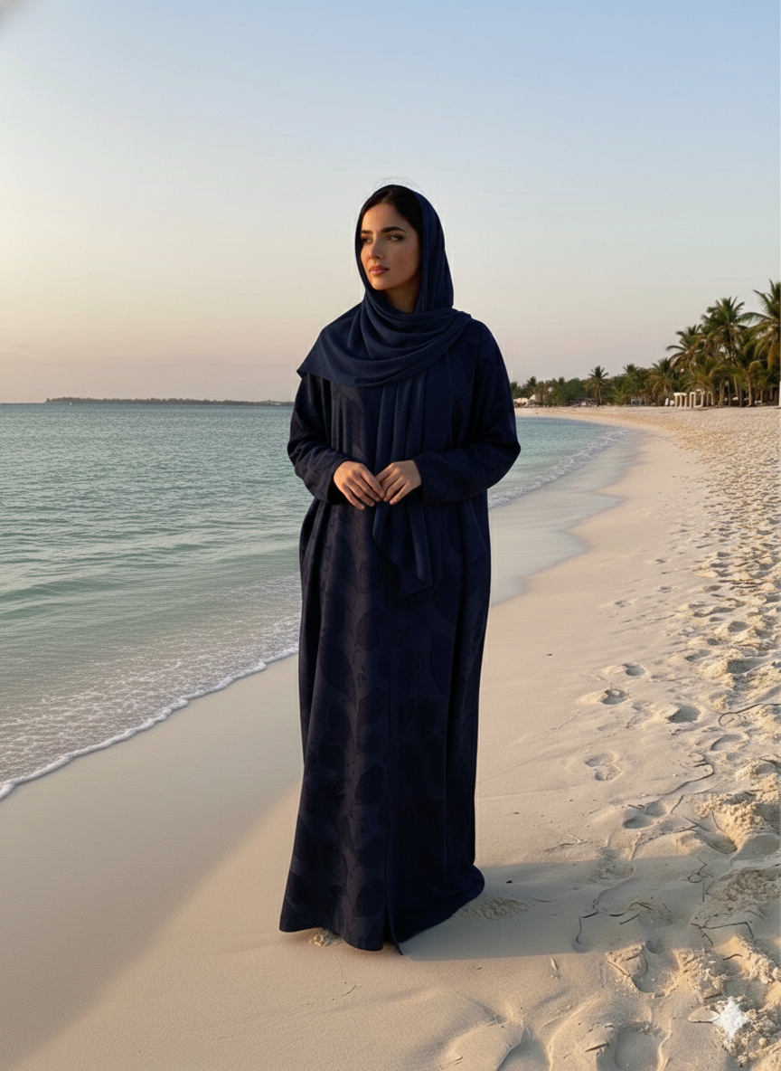 Premium Jacquard Fabric Self Printed Premium Abaya ( Navy Blue Color )