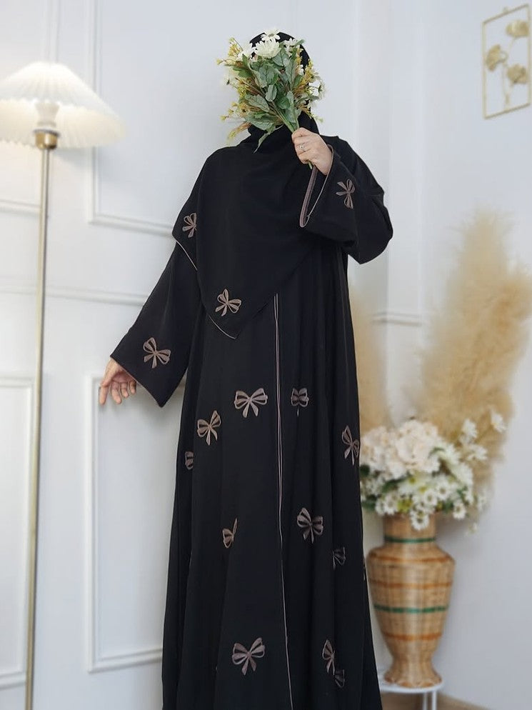 Pre-Orders Only: Ribbon Abaya by Aurora Premium Imported Nida Fabric with Exquisite Embroidery – Luxury in Every Touch