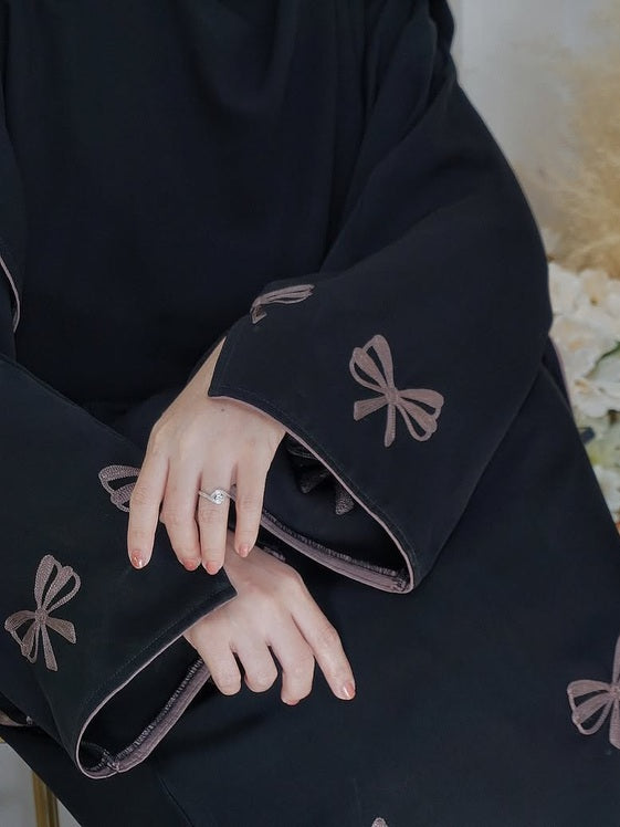 Pre-Orders Only: Ribbon Abaya by Aurora Premium Imported Nida Fabric with Exquisite Embroidery – Luxury in Every Touch